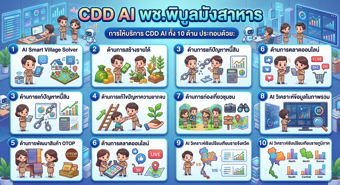 สำนักงานพัฒนาชุมชนอำเภอพิบูลมังสาหาร ขับเคลื่อนการดำเนินงานในยุคดิจิทัลที่เทคโนโลยีเข้ามามีบทบาทสำคัญในทุกมิติของชีวิต "CDD AI"คือนวัตกรรมที่ถูกพัฒนาขึ้นเพื่อยกระดับศักยภาพของชุมชนไทยให้เข้มแข็งและยั่งยืนอย่างแท้จริง