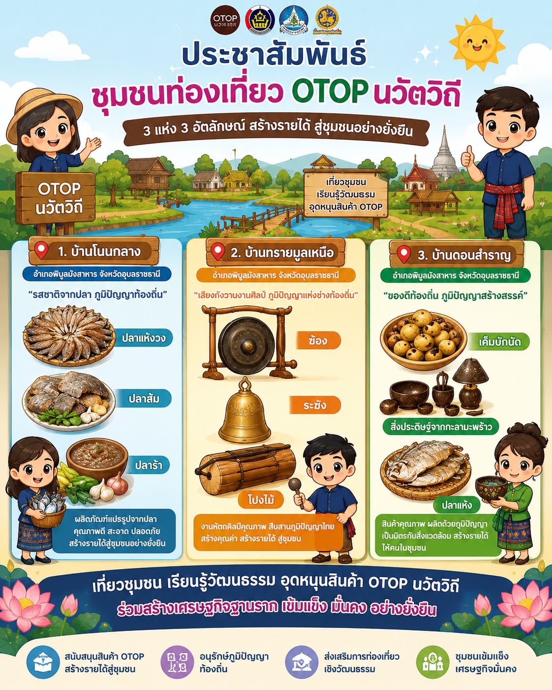 เชิญชวนท่องเที่ยว 3 หมู่บ้าน OTOP นวัตวิถี อำเภอพิบูลมังสาหาร ร่วมสัมผัสเสน่ห์มนต์สเน่ต์การท่องเที่ยวชุมชน อย่างใกล้ชิด